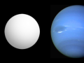 Comparación del tamaño óptimo del exoplaneta GJ 1214 b con la Tierra (izq) y Neptuno (dcha)