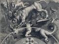 Detalle del león español contra el dragón portugués