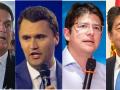 Combo de fotos de líderes de derecha atacados o asesinados Jair Bolsonaro, Charlie Kirk, Miguel Uribe, Shinzo Abe