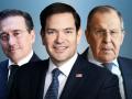 Fotomontaje de Marco Rubio, José Manuel Albares y Serguéi Lavrov