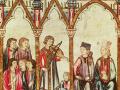 Un juglar entretienen a los nobles en la corte real en esta miniatura de las Cantigas de Santa María