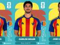Imagen con los cromos de Compromís con Ferran Torres, Carlos Soler y José Luis Gayà en una hipotética selección valenciana de fútbol.