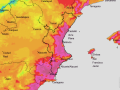 Mapa con la previsión de temperaturas por AROME a las 16 horas del sábado 25 de julio en la Comunidad Valenciana.