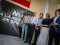 Los concejales del grupo municipal de Vox en Sevilla, con un cartel que rechaza la construcción de la mezquita