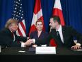 El presidente de EE.UU. Donald Trump, la primer ministra de Dinamarca Mette Frederiksen y el líder de Groenlandia Jens-Frederik Nielsen