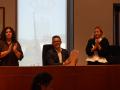 Las concejales Gema Marí y Catiana Fuster aplauden al alcalde, Rafa Triguero, tras el debate sobre el estado de Ibiza.