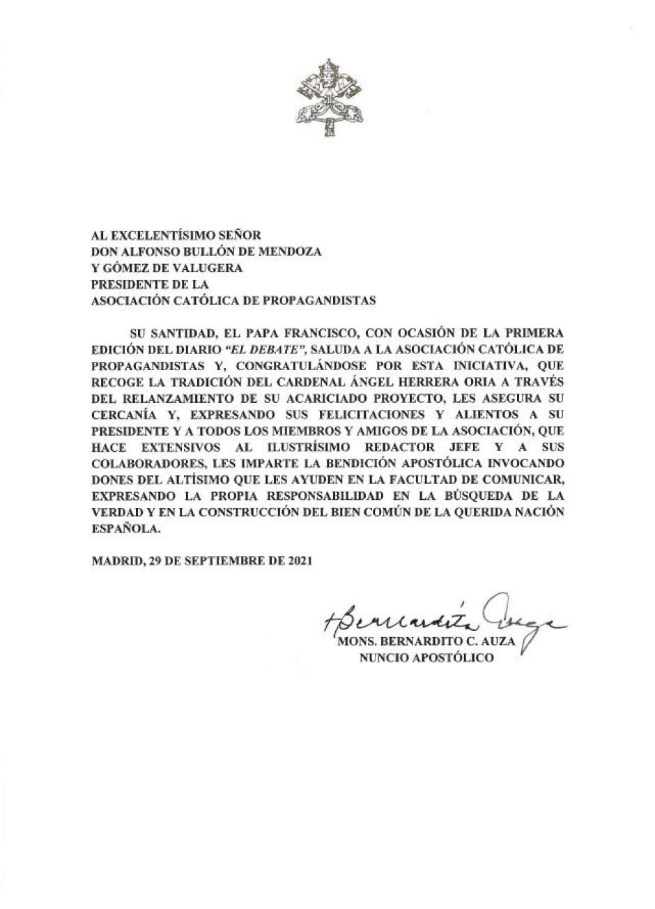 Mensaje del Papa Francisco para el diario El Debate en su reestreno