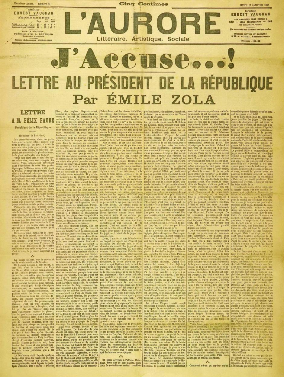 «Yo acuso», Émile Zola en el diario francés L'Aurore