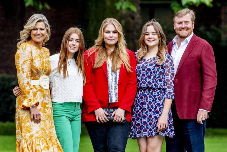 King Willem-Alexander, Queen Maxima, Princess Amalia, Princess Alexia and Princess Ariane during the summer photo session at Huis ten Bosch on July 16, 2021.