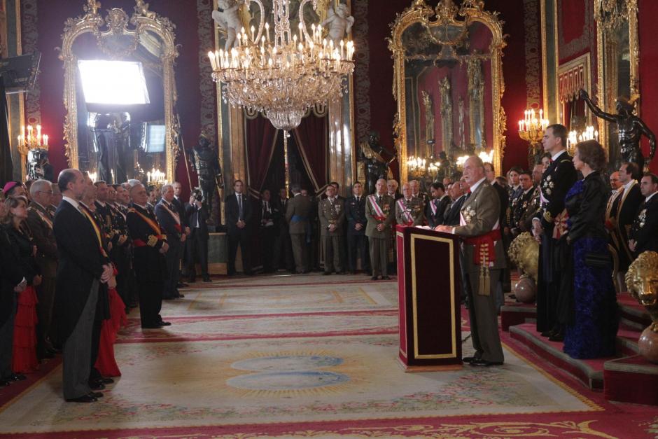 El Rey Juan Carlos I durante su intervención en los actos de la Pascua Militar en 2012