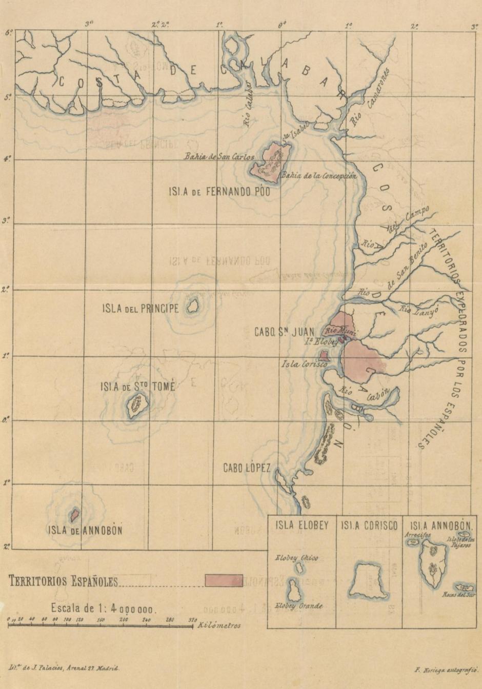 Mapa de las posesiones españolas en el Golfo de Guinea en 1897, antes del Tratado de París de 1900