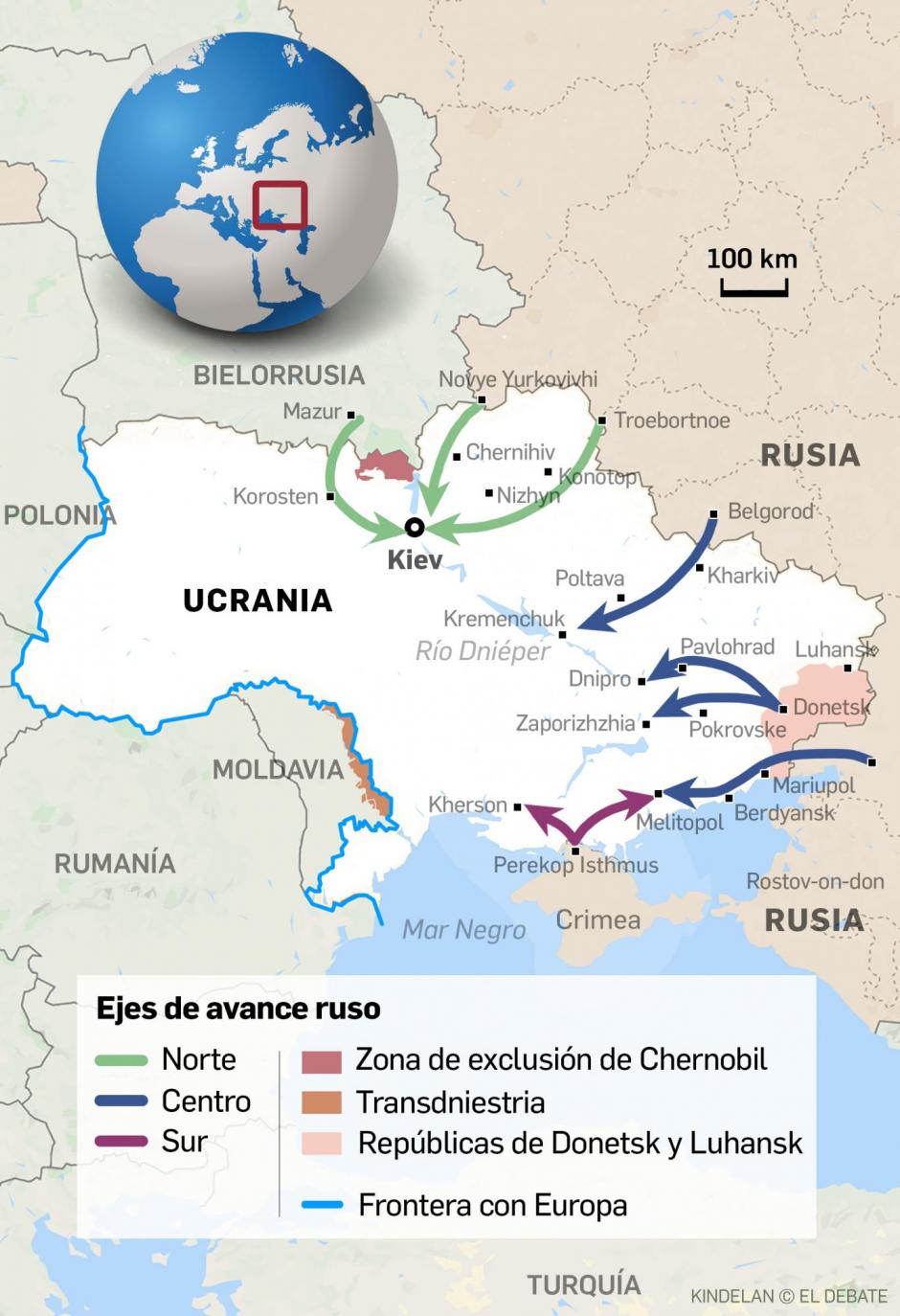 Posibles rutas de invasión de las tropas rusas a Ucrania