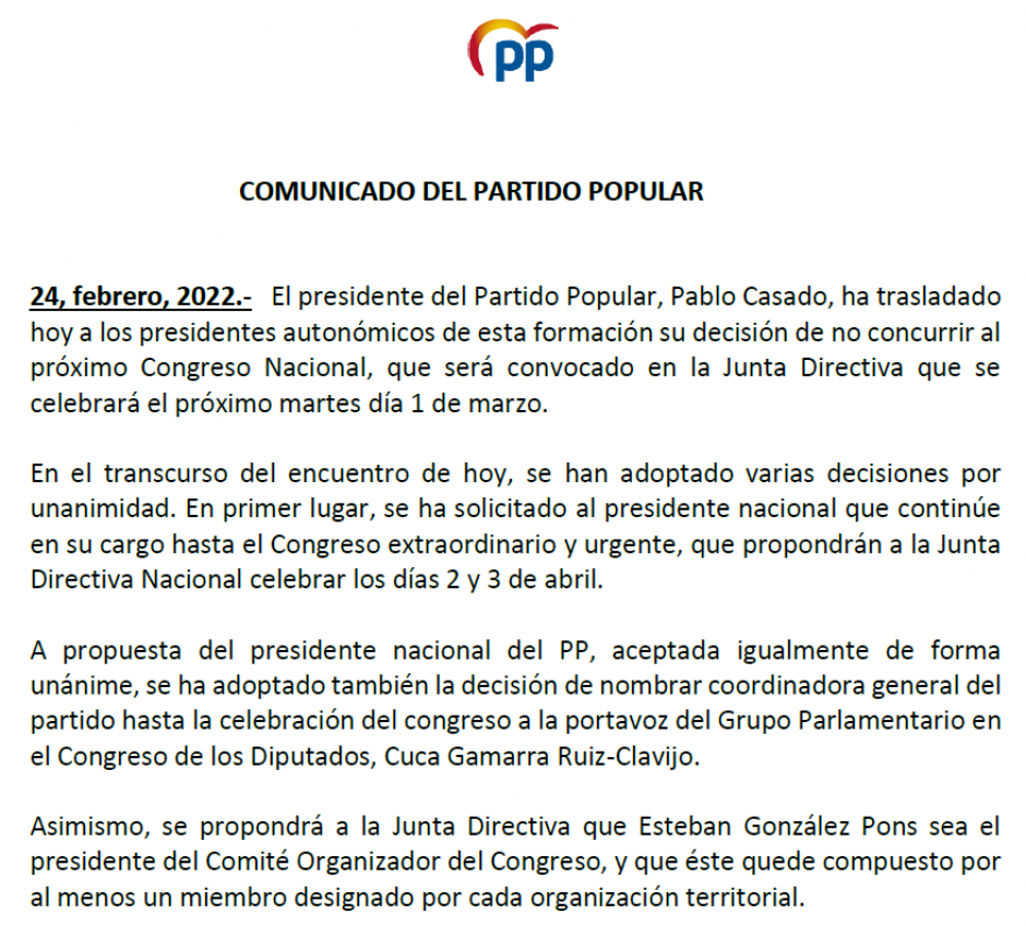 Comunicado del Partido Popular (PP) que pone fin al mandato de Pablo Casdo