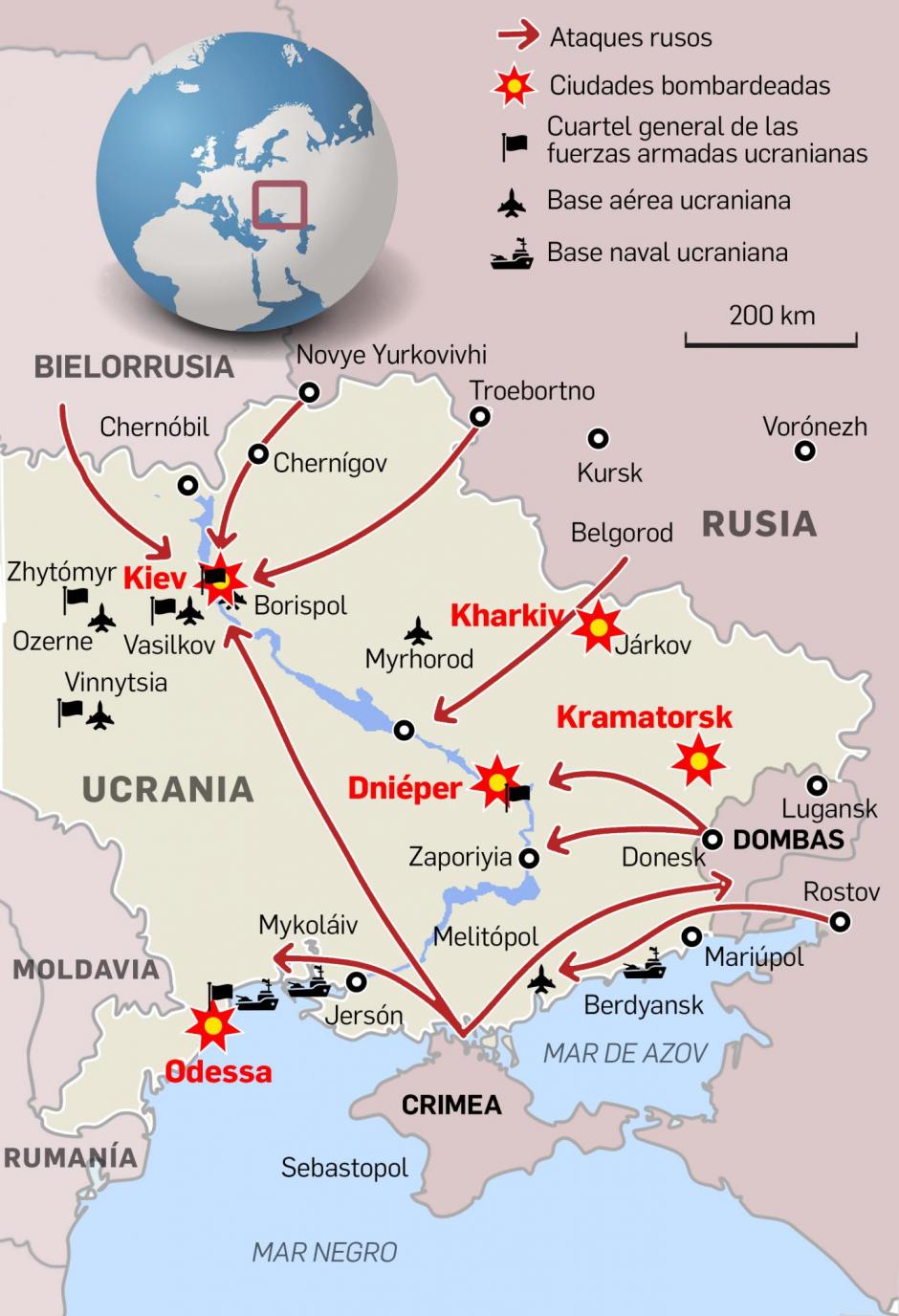 Mapa del ataque ruso a Ucrania