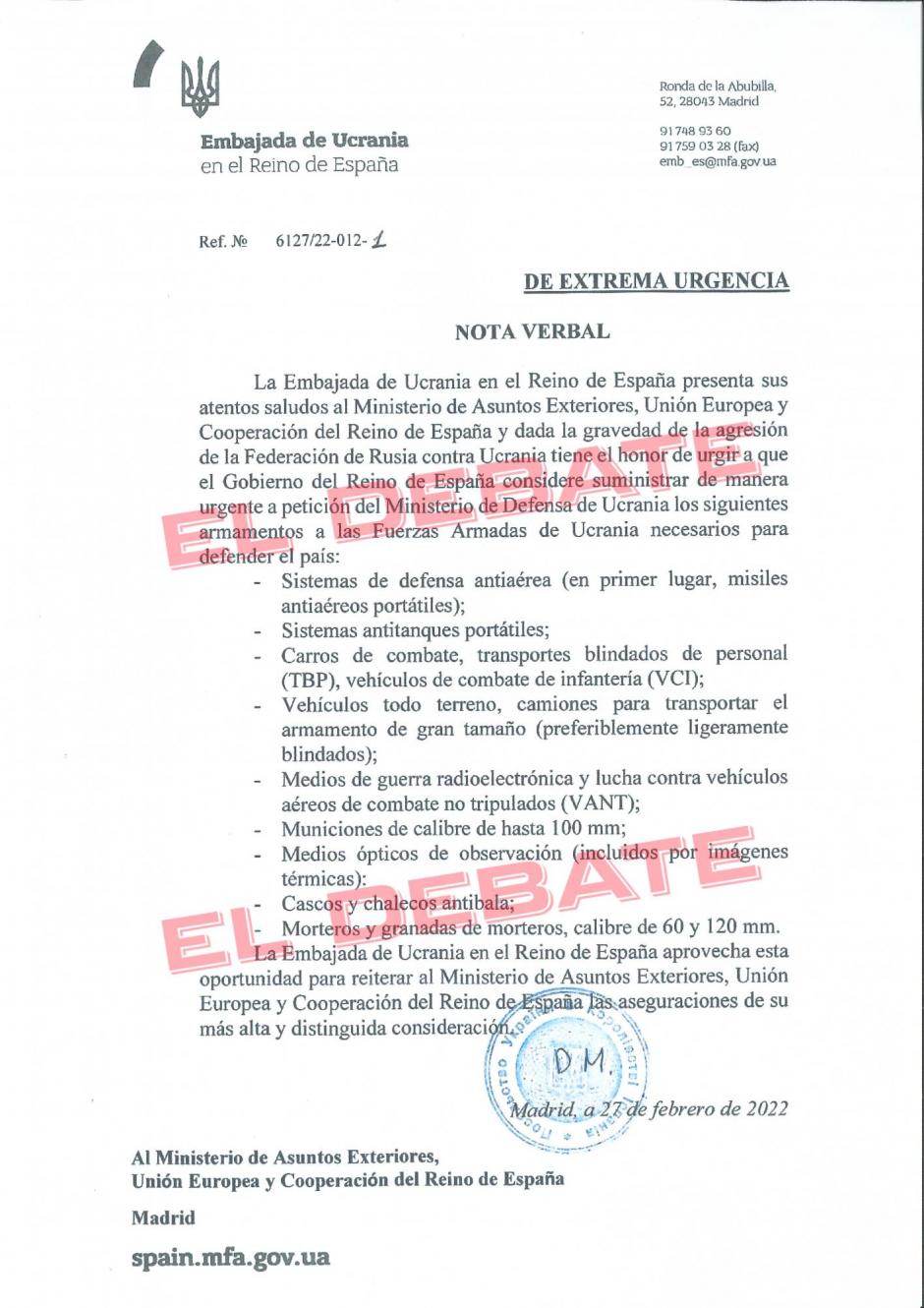 Documento oficial de la Embajada de Ucrania