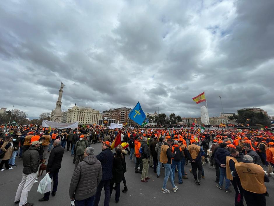Los manifestantes, a los pies de la bandera de España en Colón