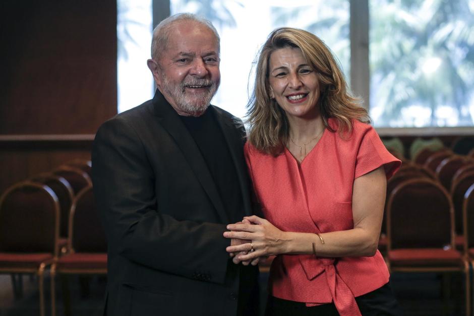 Yolanda Díaz, junto al expresidente brasileño, Lula Da Silva, este miércoles en Brasil