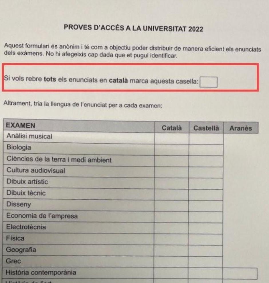 Formulario de Selectividad en Cataluña