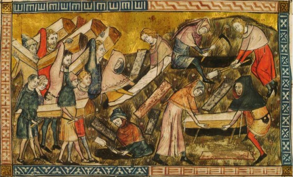 Miniatura de 1353 de Pierart dou Tielt, que muestra a unos hombres enterrando a víctimas de la Peste