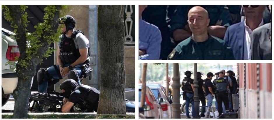 Dos momentos del despliegue de la Guardia Civil en Santovenia e imagen del teniente coronel