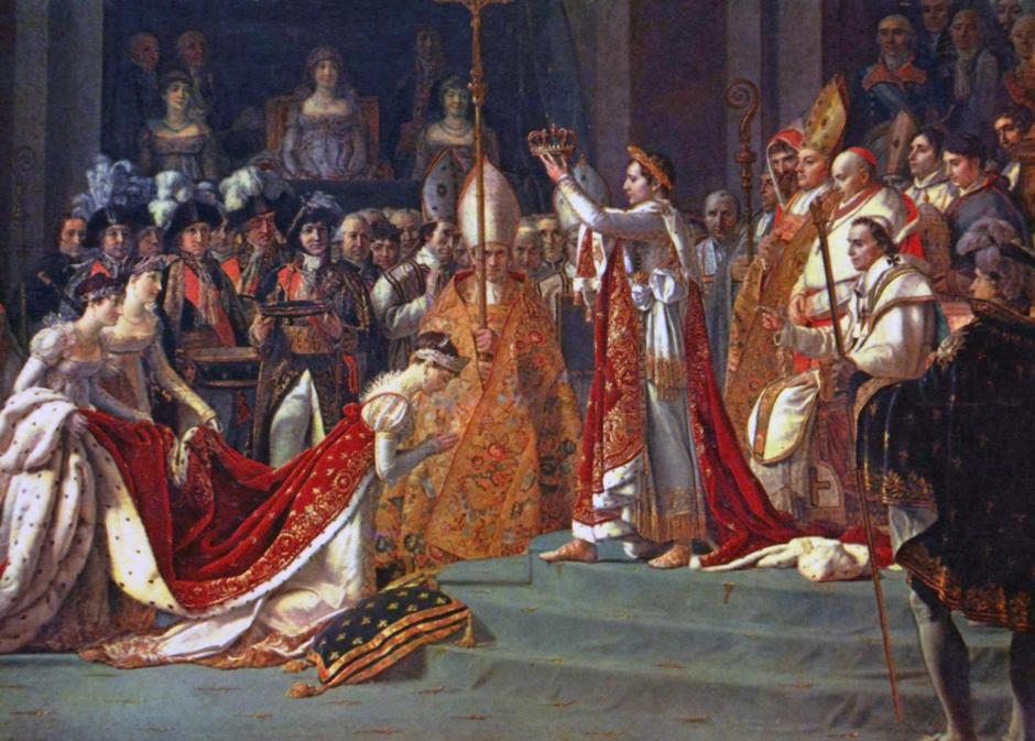 Josefina se arrodilla ante Napoleón durante su coronación en Notre Dame, pintura al óleo por Jacques-Louis David, 1808