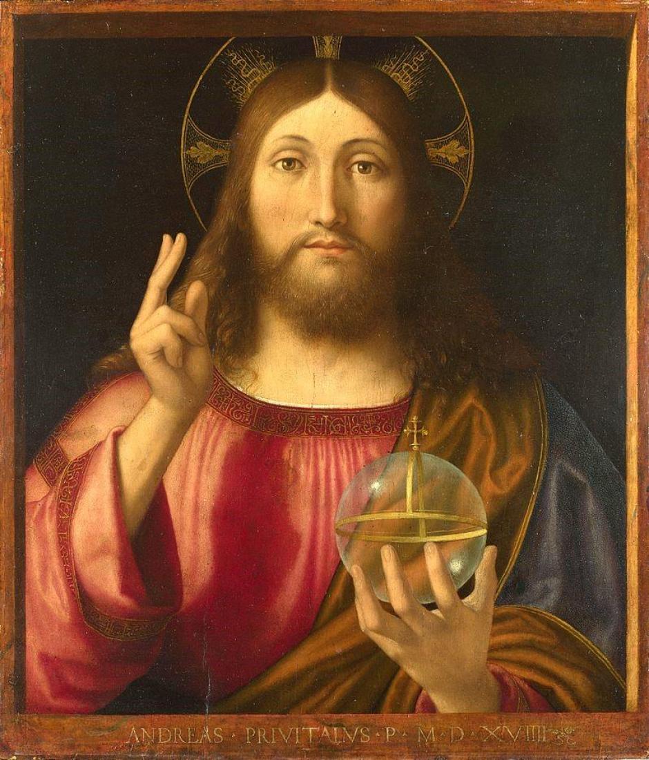 Full title: Salvator Mundi.Artist: Andrea Previtali.Date made: 1519.Source: http://www.nationalgalleryimages.co.uk/.Contact: picture.library@nationalgallery.co.uk..Copyright © The National Gallery, London