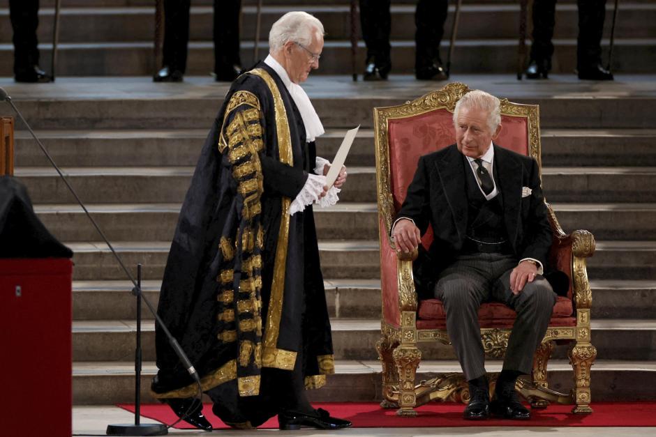 Britain's King Charles III meeting to express their condolences following the death of Queen Elizabeth II, at WestminsterHall, in London, Monday, Sept. 12, 2022.