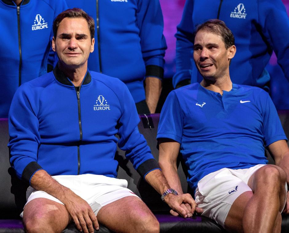 Mandatory Credit: Photo by Ella Ling/Shutterstock (13413997fm)
Roger Federer and Rafael Nadal of Team Europe emotional, holding hands, watching a video montage after their Men's Doubles match, the final match of Federer's career
Laver Cup, Tennis Tournament, Day One, 02 Arena, London, UK - 23 Sep 2022 *** Local Caption *** .