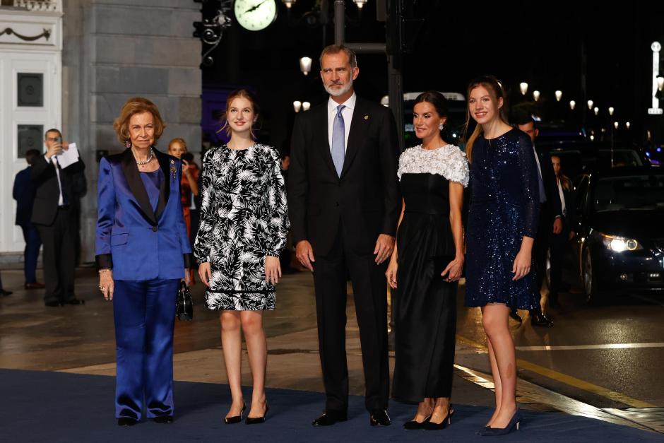 Spanish King Felipe VI and Queen Letizia with daughters Princess of Asturias Leonor de Borbon and Sofia de Borbon and Queen Sofia during the Princess of Asturias Awards 2022 in Oviedo, on Friday 29 October 2022.