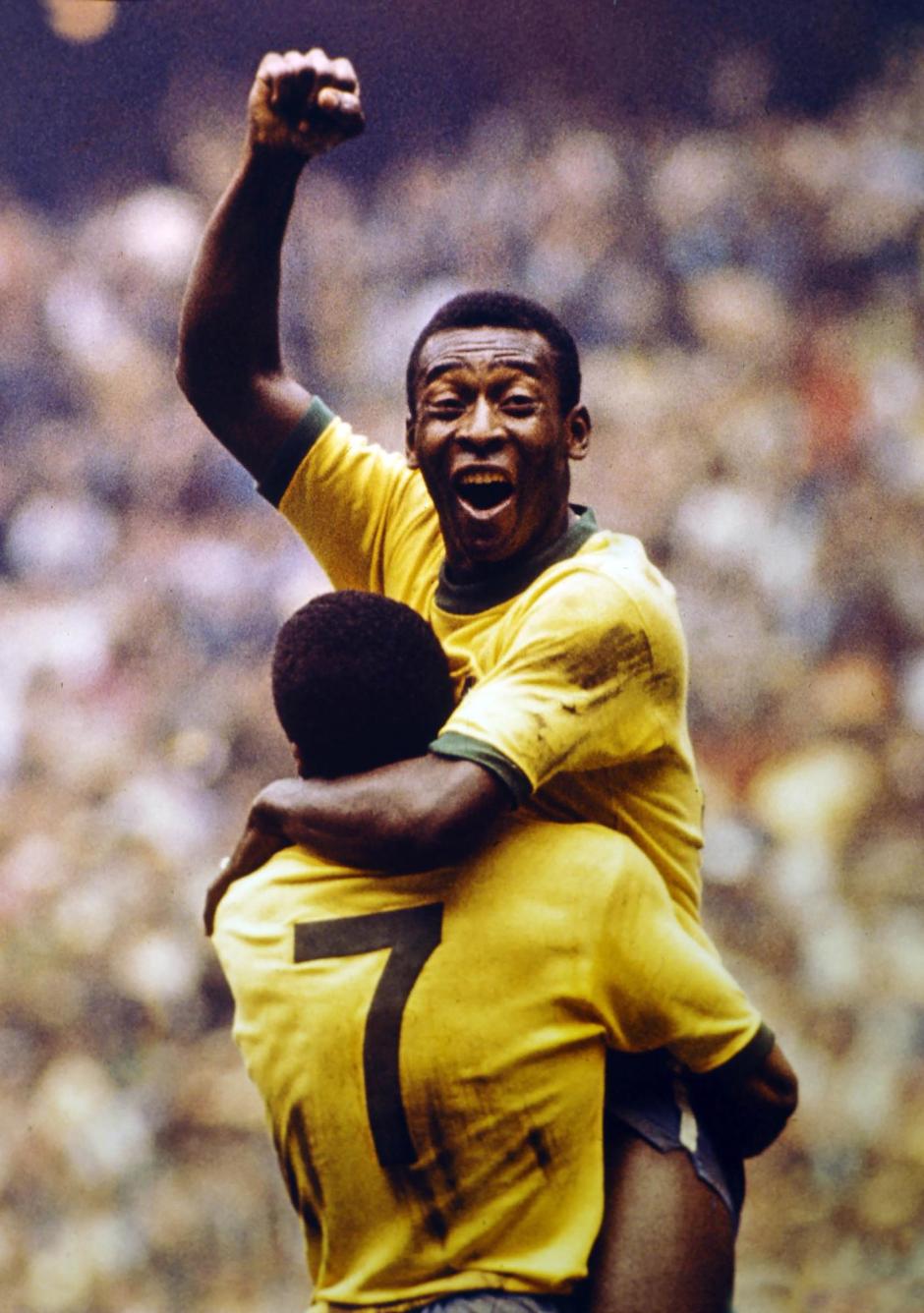Pelé y Jairzinho celebrando la Copa del Mundo en México, 1970