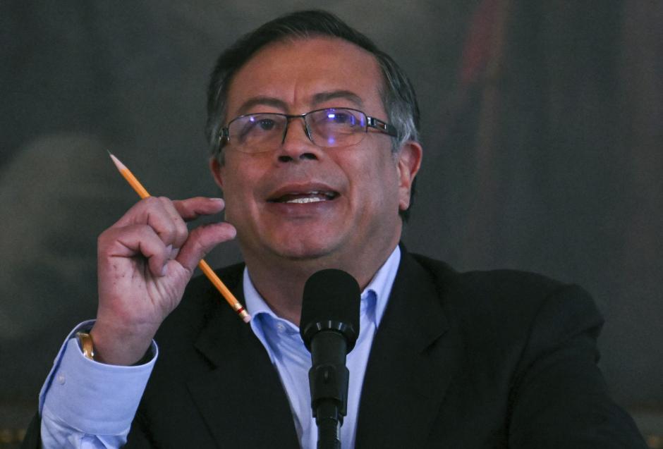Colombian President Gustavo Petro speaks during a press conference to mark his first 100 days in office at the Narino presidential palace in Bogota on November 15, 2022. (Photo by Juan BARRETO / AFP)