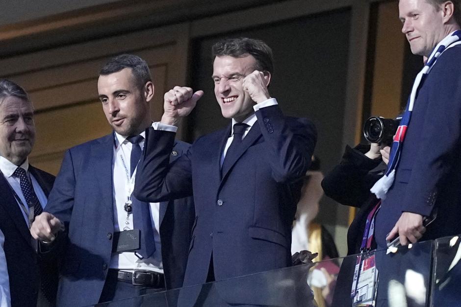 France's President Emmanuel Macron on the tribune ahead of the World Cup final soccer match between ArgentinaandFrance at the Lusail Stadium in Lusail, Qatar, Sunday, Dec. 18, 2022.