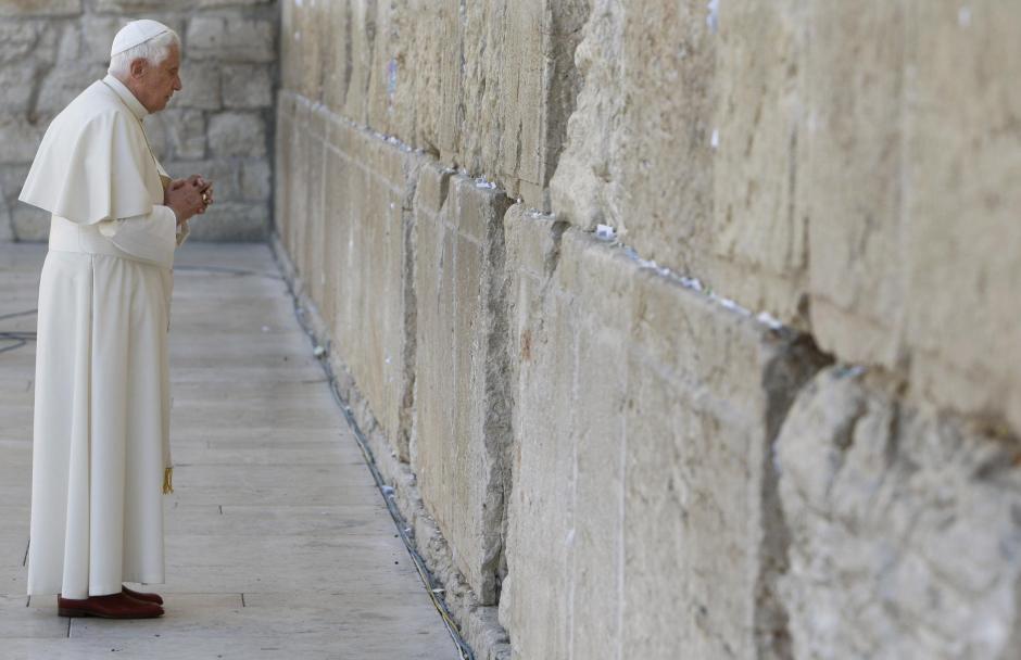 Pope Benedict XVI seen, praying at the Western Wall, Judaism's holiest site in Jerusalem Old City, Tuesday, May 12, 2009. The Pope is on a five-day visit to Israel and the Palestinian Territories.