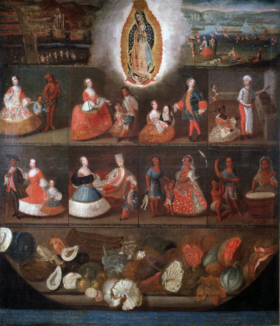 PINTURA DE CASTAS Y VIRGEN DE GUADALUPE , 1750
REPRESENTACION DE MESTIZAJE ETNICO EN 8 RECUADROS
OLEO DE LUIS DE MENA
MUSEO DE AMERICA . MADRID