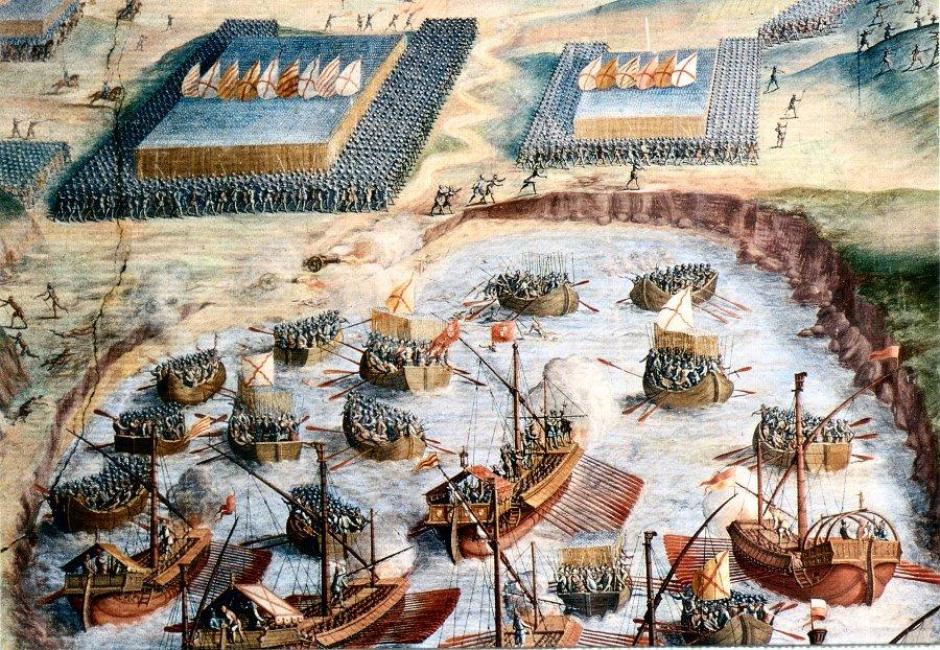 Desembarco de tercios españoles en la batalla de la isla Terceira, en las islas Azores, fresco de Niccolò Granello en la Sala de las batallas del monasterio de El Escorial