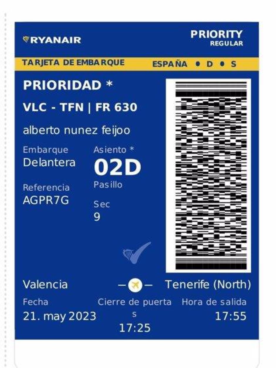 22/05/2023 Tarjeta de embarque del presidente del PP, Alberto Núñez Feijóo, para el vuelo Valencia-Tenerife
POLITICA 
PARTIDO POPULAR