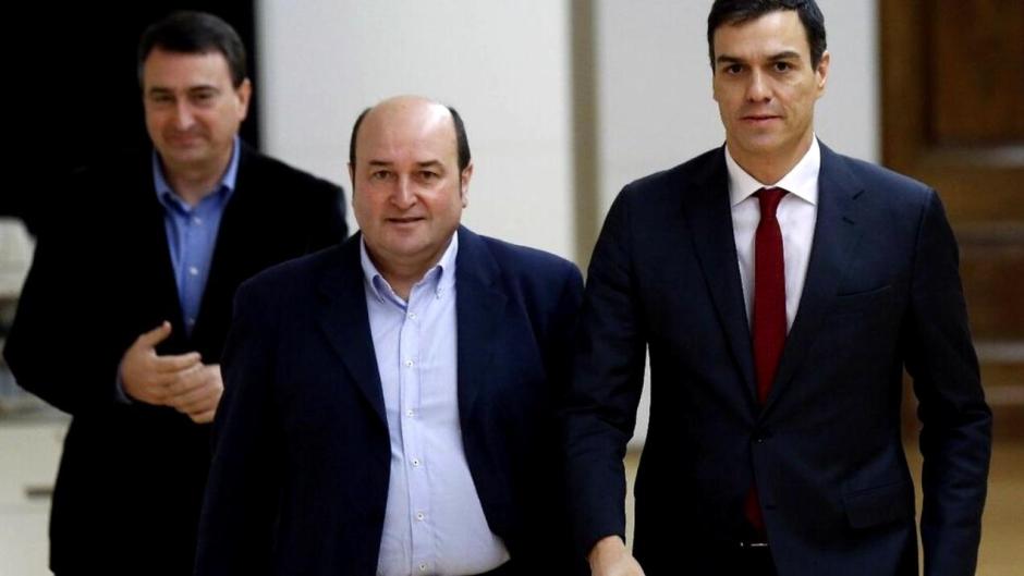 Pedro Sánchez, Andoni Ortuzar y Aitor Esteban durante la moción de censura de 2018