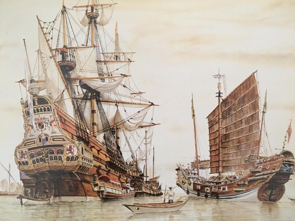 Un galeón español en la costa de Manila, en Filipinas