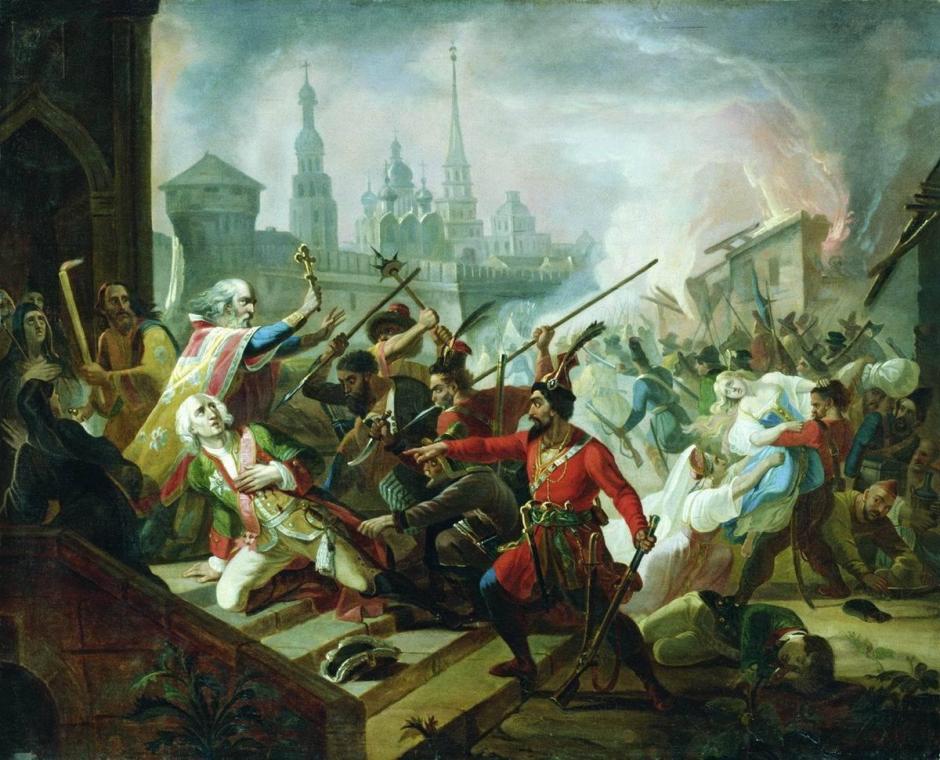 El asalto de Kazán de Pugachov, pintura de F.A. Moller.