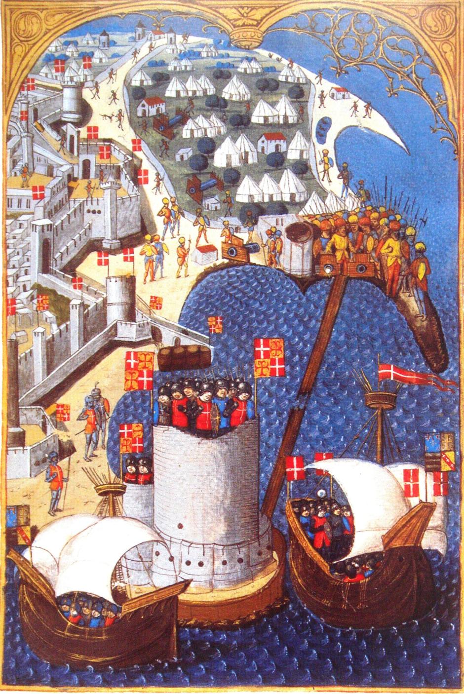 El asedio de 1480, con las naves hospitalarias en primer plano y el campamento turco al fondo