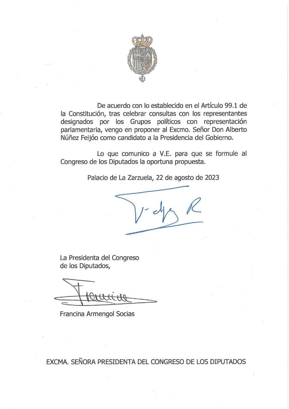 El Rey ha encomendado a Alberto Núñez Feijóo como candidato a la presidencia del Gobierno