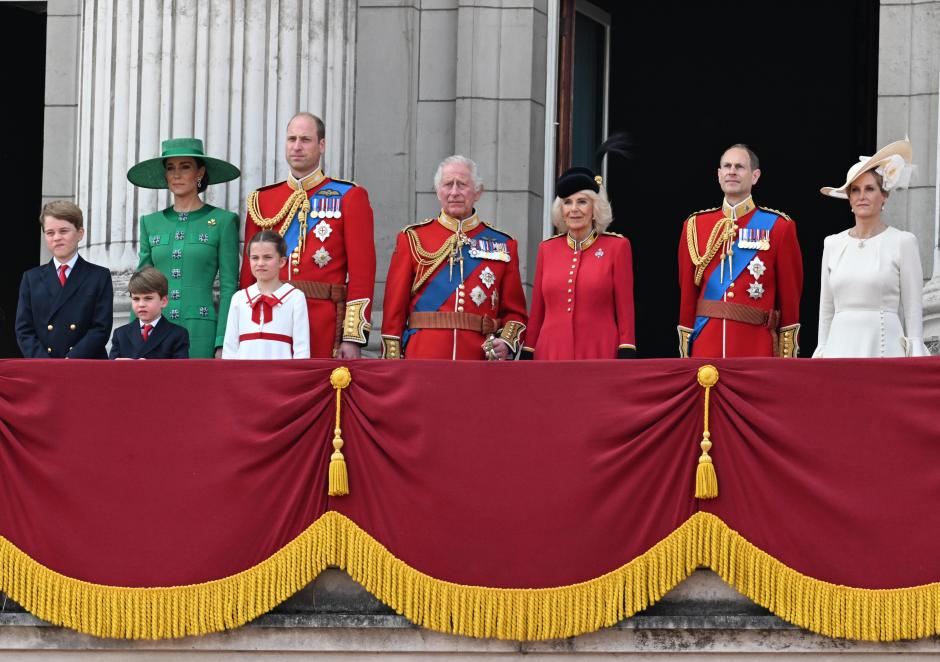 King Charles III, Queen Camilla, Prince Edward and Sophie Duchess of Edinburgh , Prince William and Kate Middleton Princess of Wales with sons Prince Louis, , Princess Charlotte , Prince George during the 2023 Trooping Of The Colour in London. on 17 Jun 2023