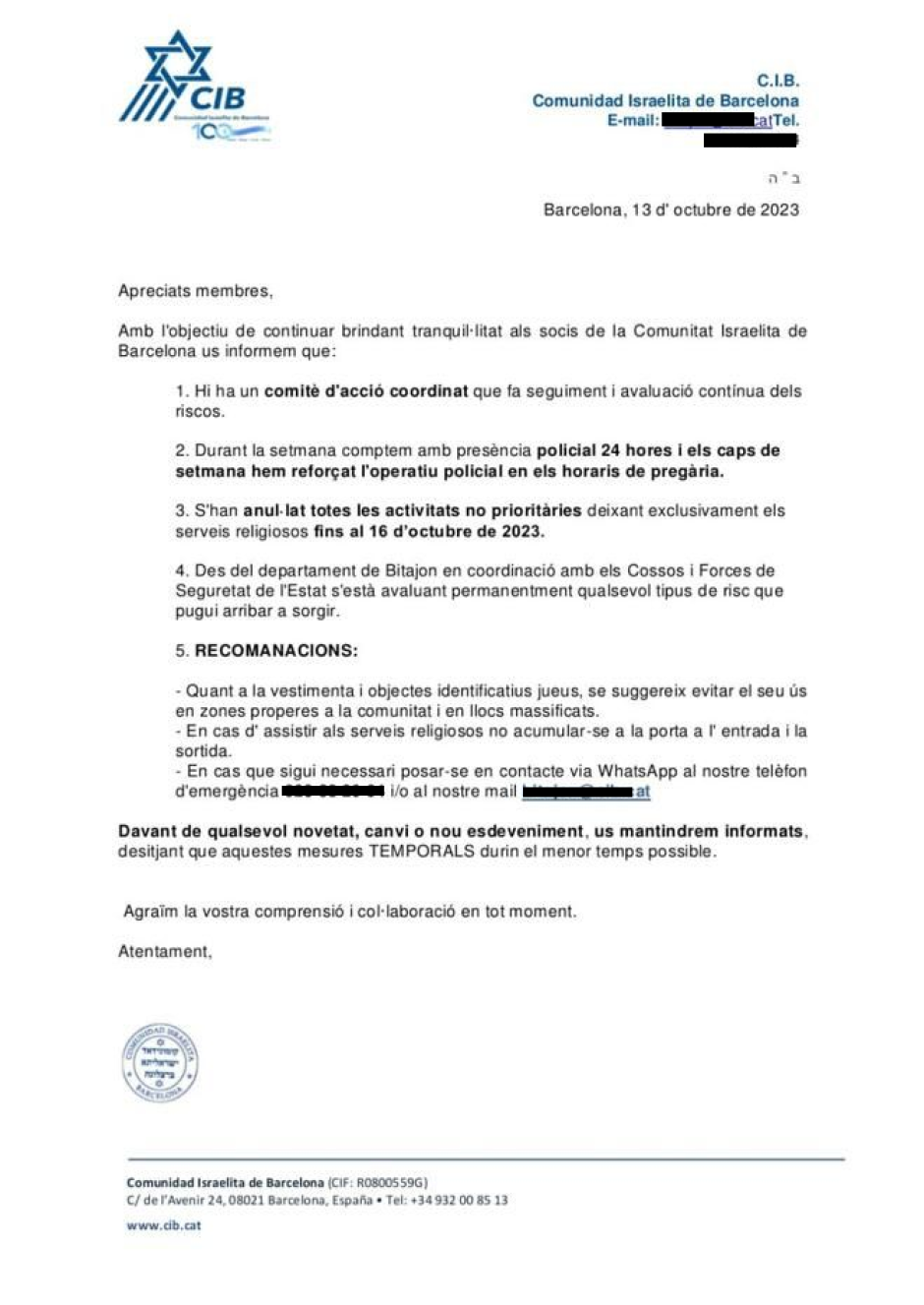 Imagen del aviso que circula entre la comunidad judía en Barcelona