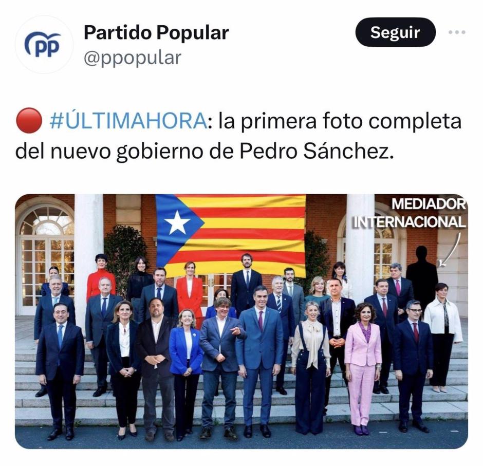 Captura del mensaje publicado por el PP en su cuenta oficial de la red social X pero que ha eliminado pocos minutos después.
POLITICA