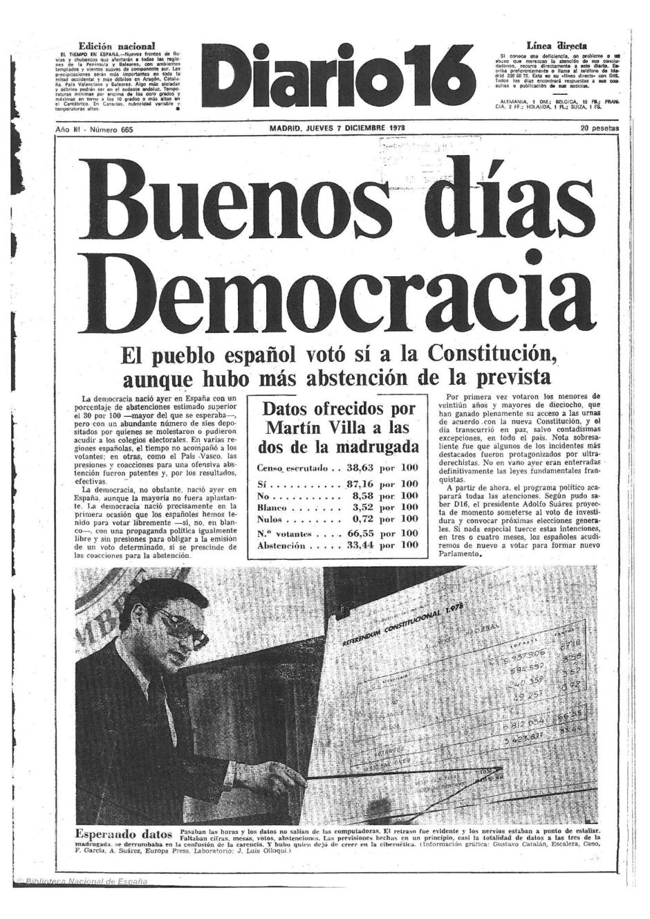 Portada del Diario 16 - 7 de Diciembre de 1978 - Buenos días Democracia