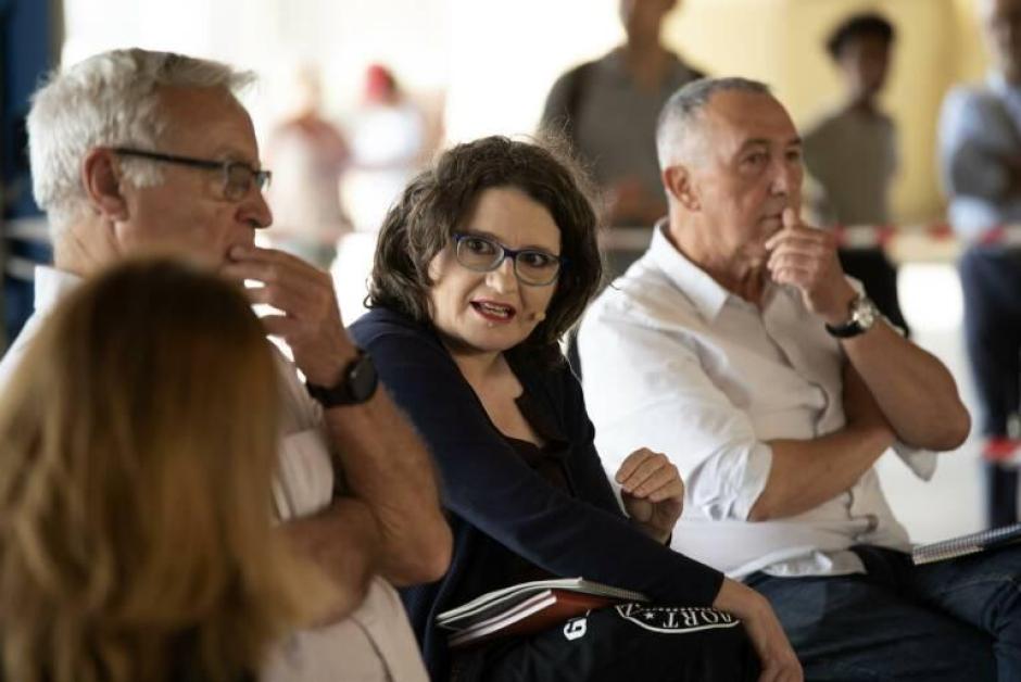 Joan Ribó, junto a Mónica Oltra y Joan Baldoví, en un acto de Compromís