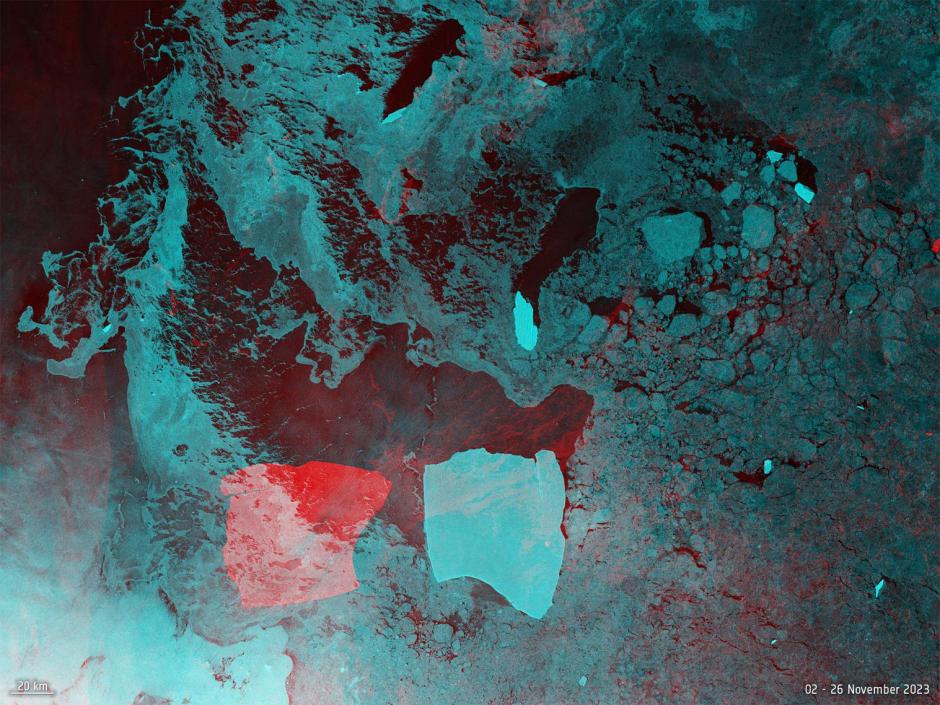 La imagen muestra cómo el iceberg giró y viajó entre el 2 de noviembre de 2023 (azul) y el 26 de noviembre de 2023 (rojo)