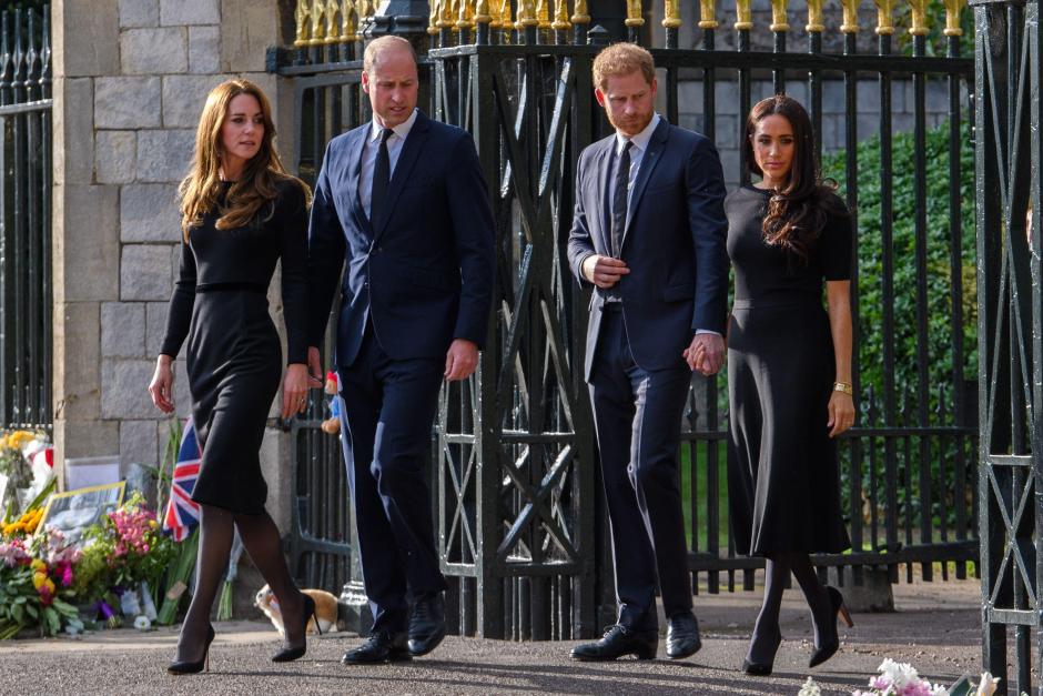 Britain's Prince William and Kate Middleton , Princess of Wales, with Britain's Prince Harry and Meghan Markle , Duchess of Sussex following the death of Queen Elizabeth II in Windsor, England, Saturday, Sept. 10, 2022.