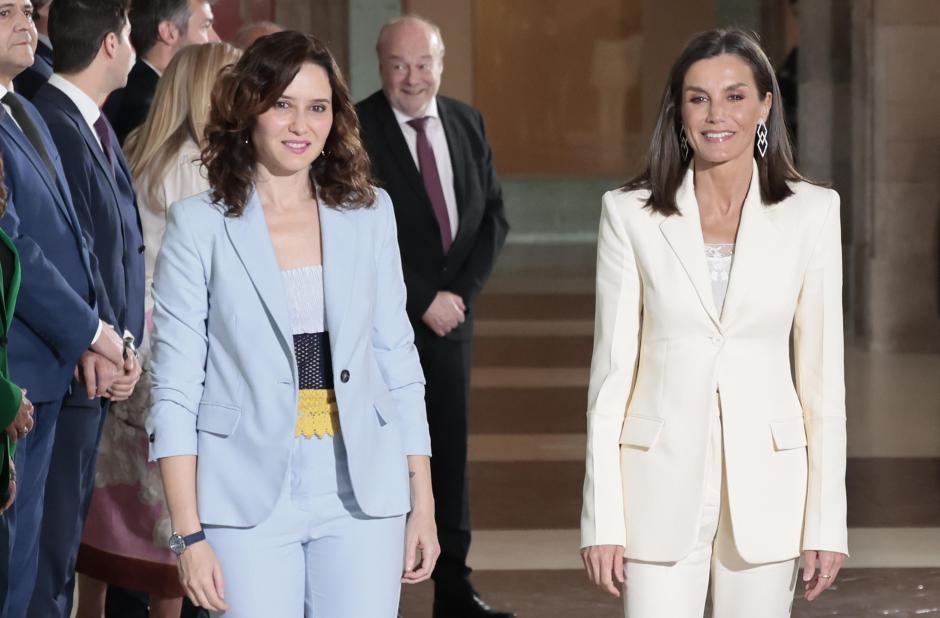 Spanish Queen Letizia and politician Isabel Diaz Ayuso during the 46th edition of the "El Barco de Vapor" and "Gran Angular" Children's Literature awards ceremony in Madrid on Tuesday, 7 May 2024.