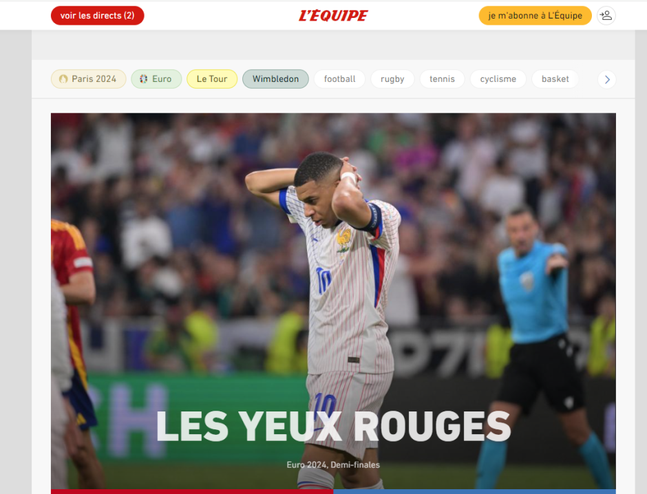 L'Equipe titula "los ojos rojos" para lamentar la derrota de la selección francesa